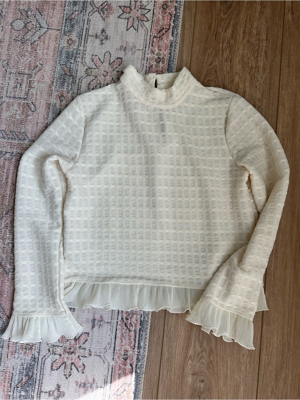 Cream Textured Mock-Neck Blouse with Pleated Ruffle Trim